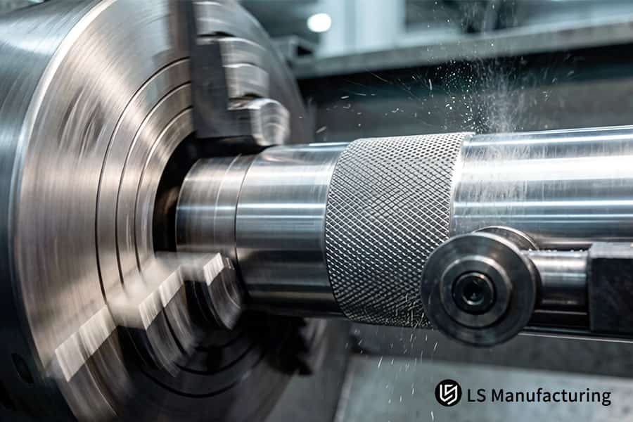Un tornio CNC esegue processi di zigrinatura specializzati su un albero per una migliore presa sulle leve dell'attrezzatura.