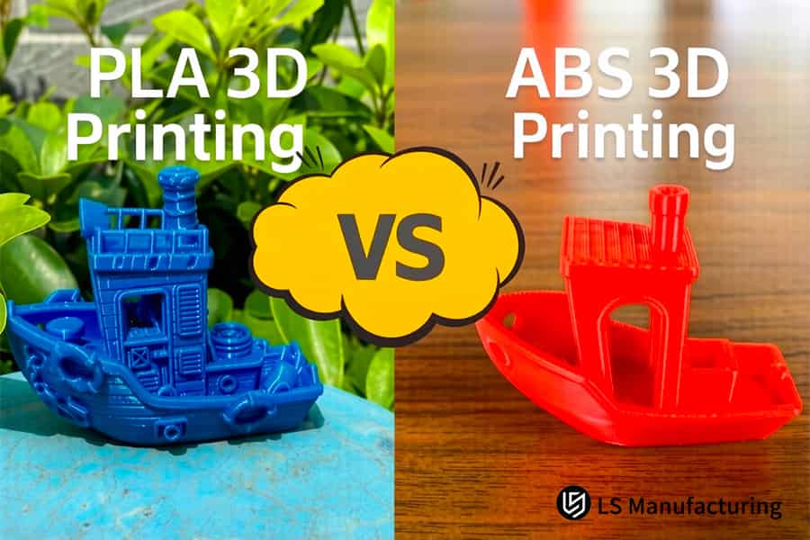 DFM 3D printing compares a flat blue PLA boat with a warped red ABS boat on the table.