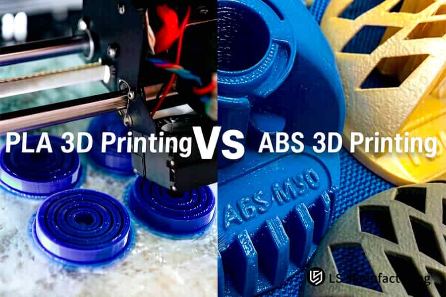 DFM 3D printing contrasts blue PLA and yellow ABS gears for mechanical assembly applications.