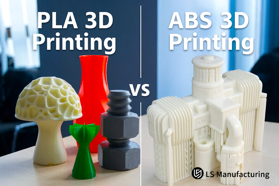 DFM 3D printing compares various PLA and ABS prototypes including mushrooms nuts and mechanical parts.