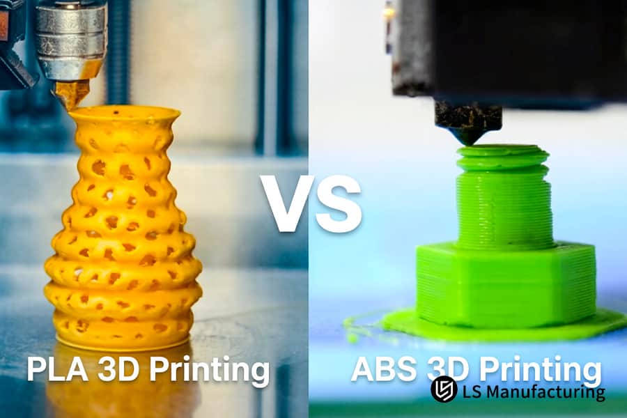 DFM 3D printing contrasts yellow PLA and green ABS vase prototypes for material flow analysis.