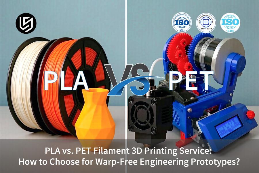 PLA vs PET 3D printing service compares a yellow PLA vase with PET filament spools for material selection.