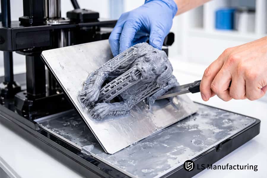 Scraper cleans resin prototype thoroughly during post processing in laboratory.