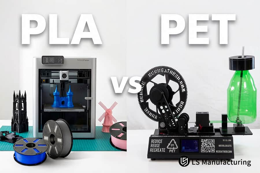 Various PLA art sculptures are displayed with a PET bottle for comparing 3D printing aesthetic quality and practical container design.