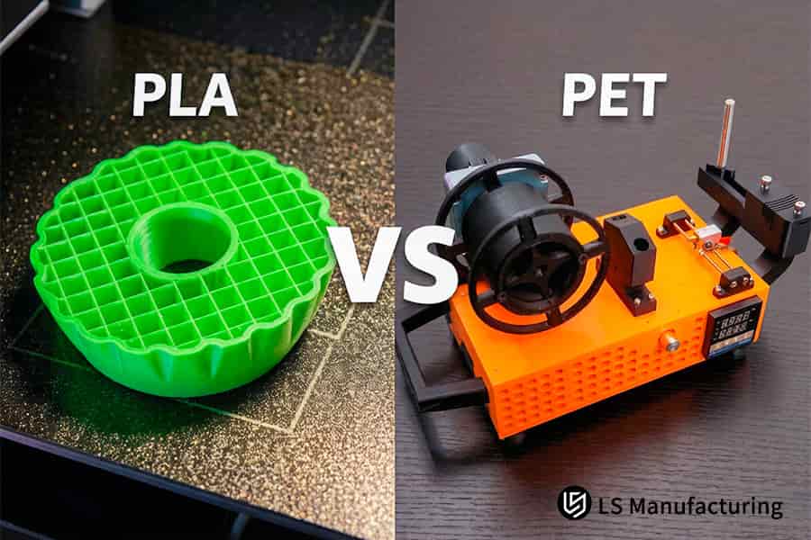 A green PLA fixture is evaluated against an orange PET gear mechanism for functional prototyping and stress tests.