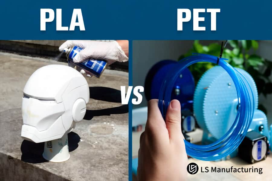 A white PLA helmet is compared with blue PET tubing handling for 3D printing finishing and assembly processes.