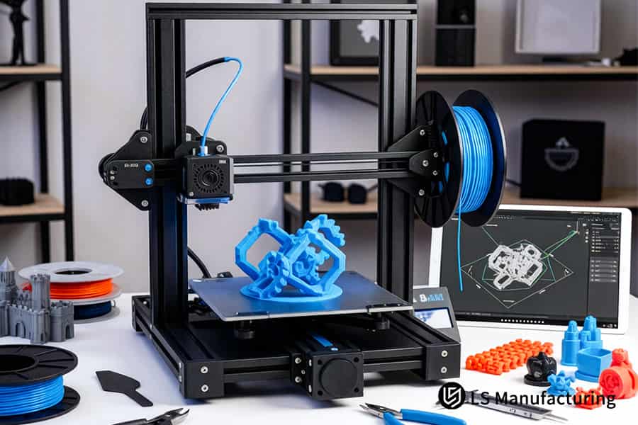 FDM 3D printing produces blue PLA mechanical component for functional testing.