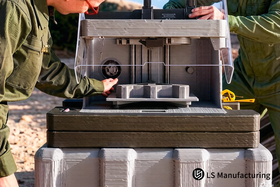 Engineer examines portable green FDM 3D printed device during outdoor field operation.
