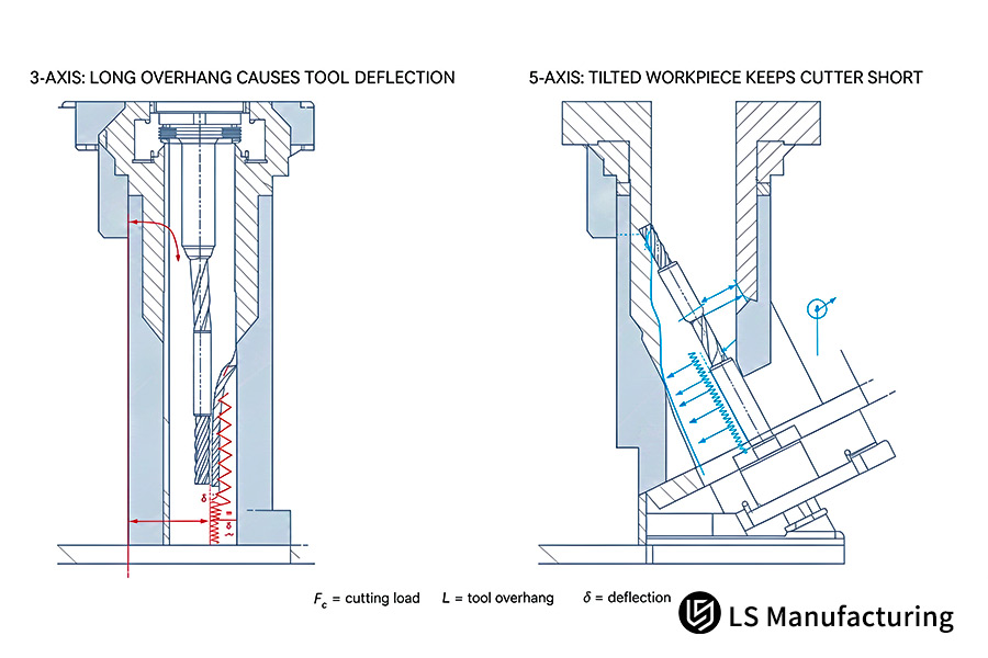 Cette section transversale compare la déflexion d'un outil long à 3 axes avec celle d'outils courts dans les articulations robotisées d'usinage CNC à 5 axes.