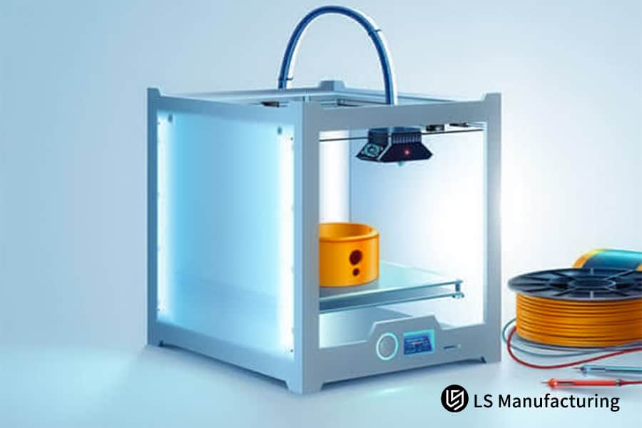 LS Manufacturing 製のオレンジ色のプロトタイプとフィラメントを備えた産業用 3D プリンター