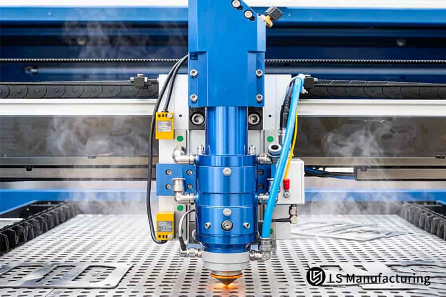 The industrial laser cutting machine cuts thick alloy steel plates with high power for automotive manufacturing.