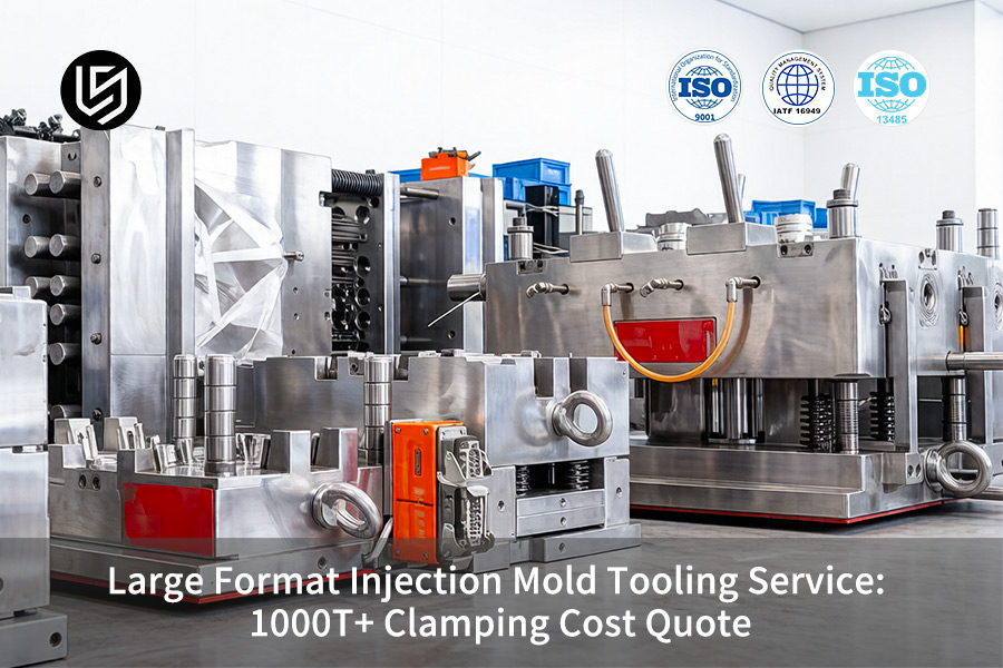 A large format injection mold tooling service displays a certified metal tool under ISO 9001 and IATF 16949.
