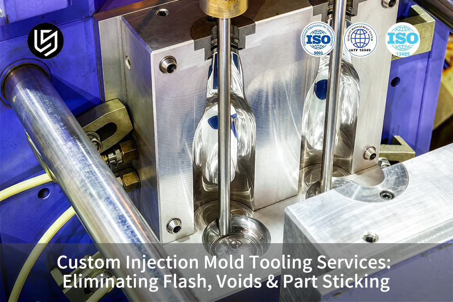 Molten polycarbonate fills a transparent bottle mold to eliminate flash and voids in production.