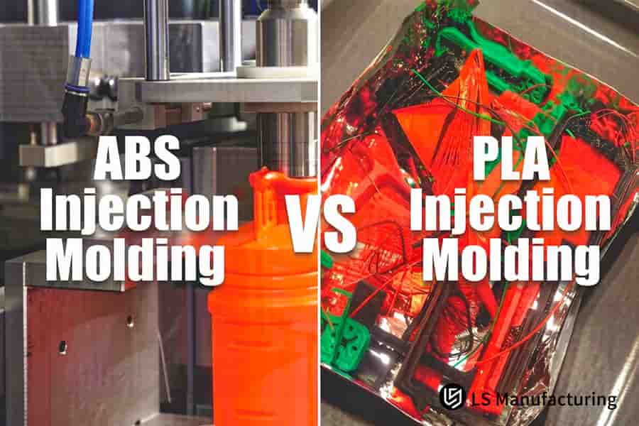 ABS vs PLA Spritzgussdienstleistungen formen ein orangefarbenes ABS-Teil und mehrfarbige PLA-Teile auf einem Stahltisch.