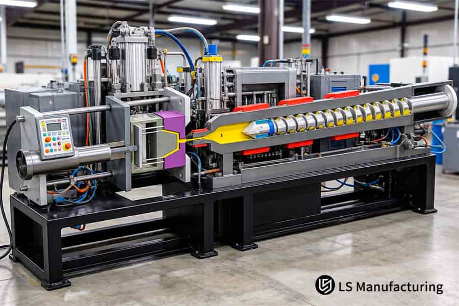 La pressa idraulica inietta l'HDPE in stampi di precisione per formare componenti di beni di consumo con una tolleranza di 0,01 mm.