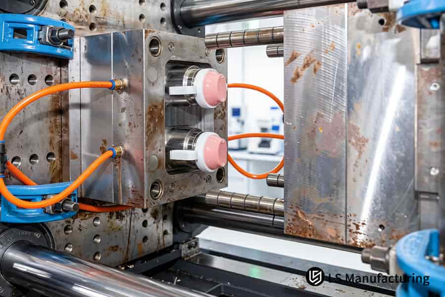 Un bras robotisé fixe un boîtier en plastique à un cadre métallique pour un service d'assemblage par moulage par injection.