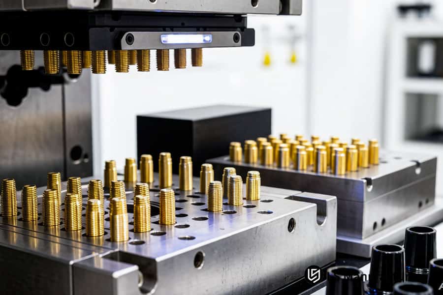 Un bras robotique positionne un insert en laiton dans un moule pour le moulage d'insert étanche d'un connecteur.
