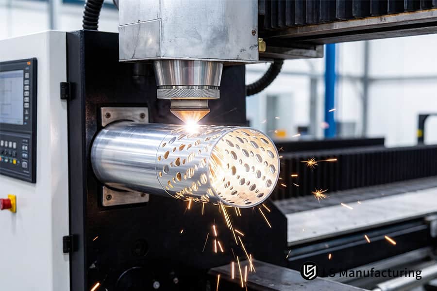 Perforating an aluminum cylinder for aerospace structural components with precision 6061-T6 laser cutting.