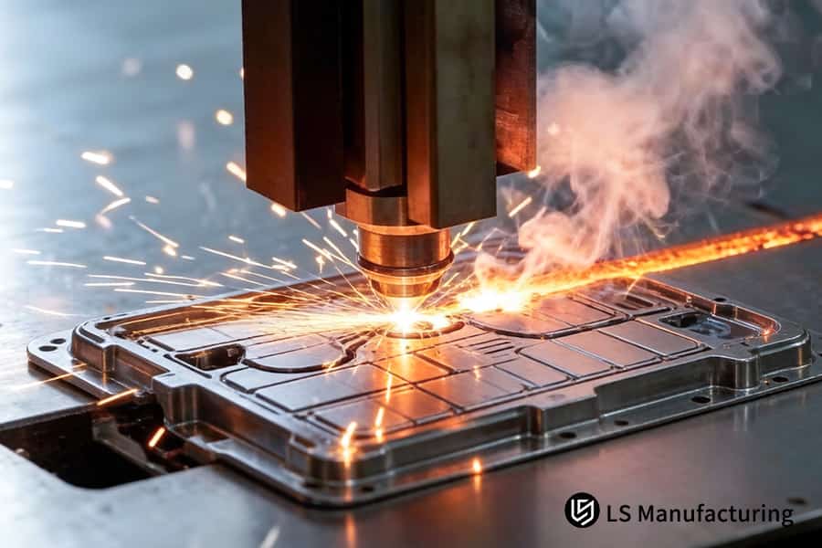 Machining an aluminum alloy cover for EV battery assembly using high-precision laser cutting services.
