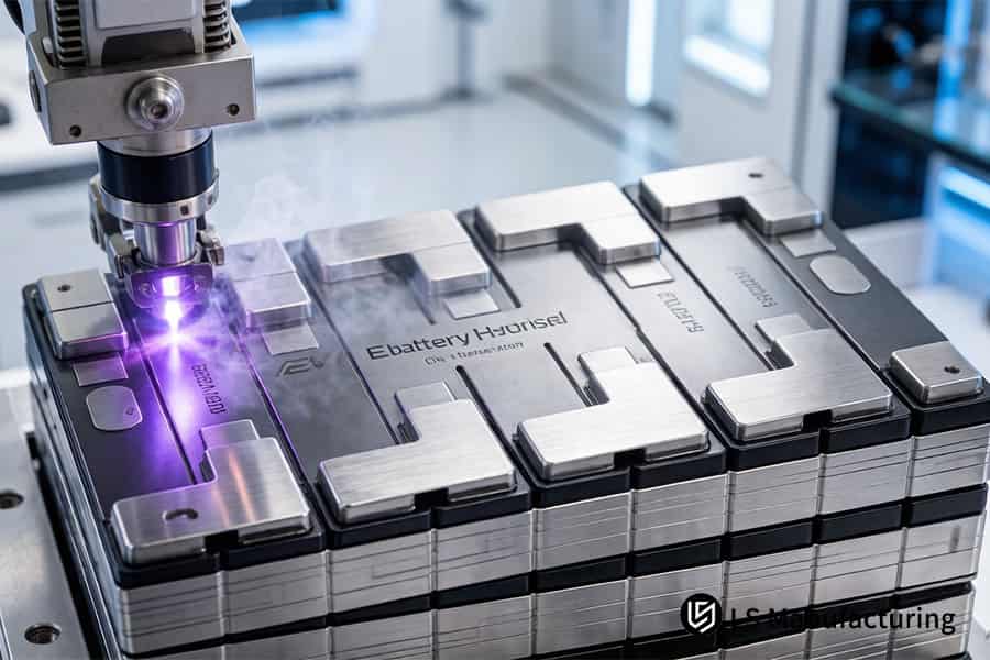 An automated laser precisely shapes aluminum housings for high-volume EV battery pack assembly lines.