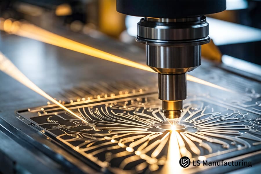 Ein fokussierter Laserstrahl schneidet eine Kohlenstoffstahlplatte und erzeugt helle Funken in der Fabrikhalle von LS Manufacturing.