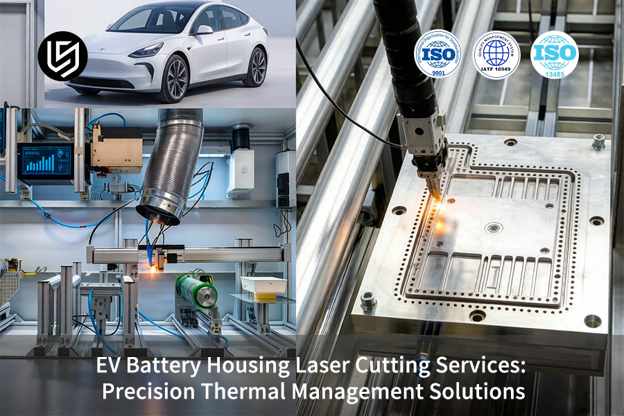 A fiber laser precisely cuts aluminum sheet to form the outer profile of an EV battery pack enclosure.