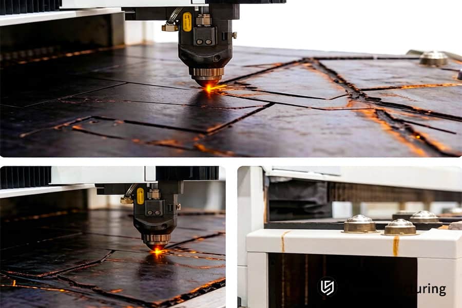 Laser cutting system shapes rectangular metal panels from 316L stainless steel for industrial machinery enclosures.