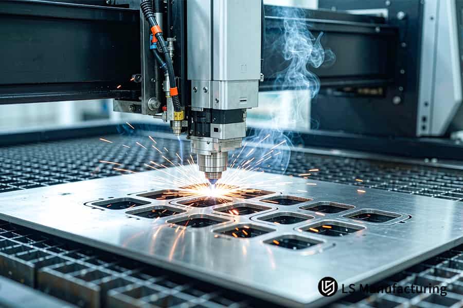 Perçage d'un motif de trous dense dans du SUS304 de 3,0 mm ; le dimensionnement des trous DFM a permis de réduire le devis de ce support de 24,2 %.
