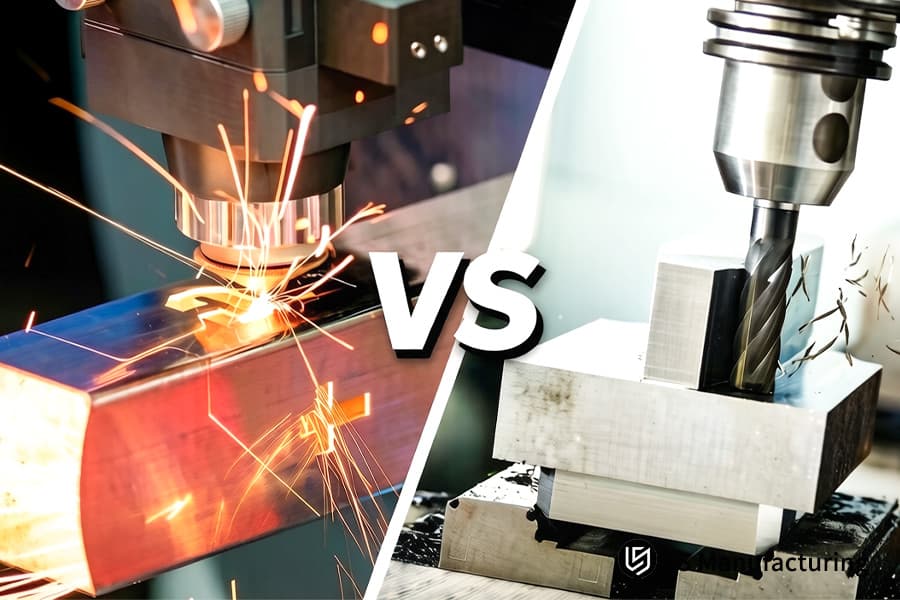 La découpe laser vs l'usinage CNC fonctionne sur des pièces métalliques avec des étincelles brillantes dans un véritable atelier de fabrication.