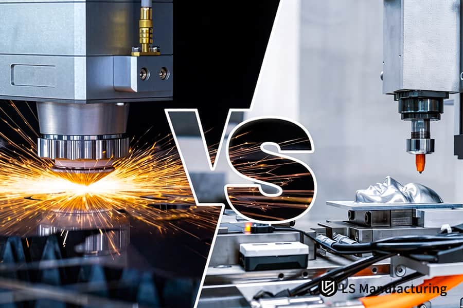 La découpe laser vs l'usinage CNC fonctionne sur des pièces métalliques avec des étincelles brillantes dans un véritable atelier de fabrication.