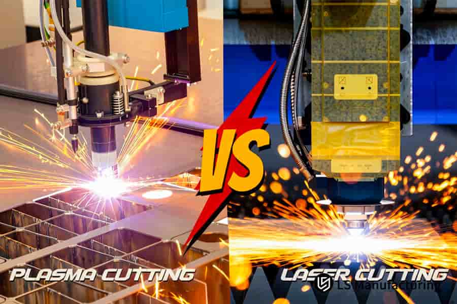 Laser cutting vs plasma cutting processes structural steel beams with high pressure and glowing molten metal.