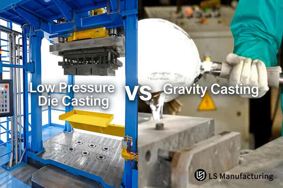 Automated low pressure units fill molds vertically while workers manually pour molten aluminum into gravity dies.