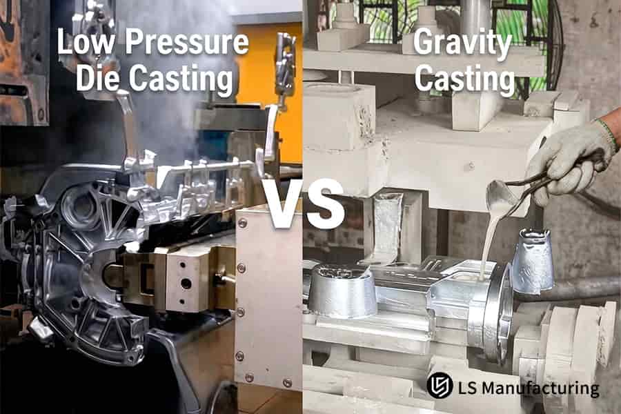 Low pressure machines form sealed transmission housings whereas gravity casting requires manual ladling for wheel rims.