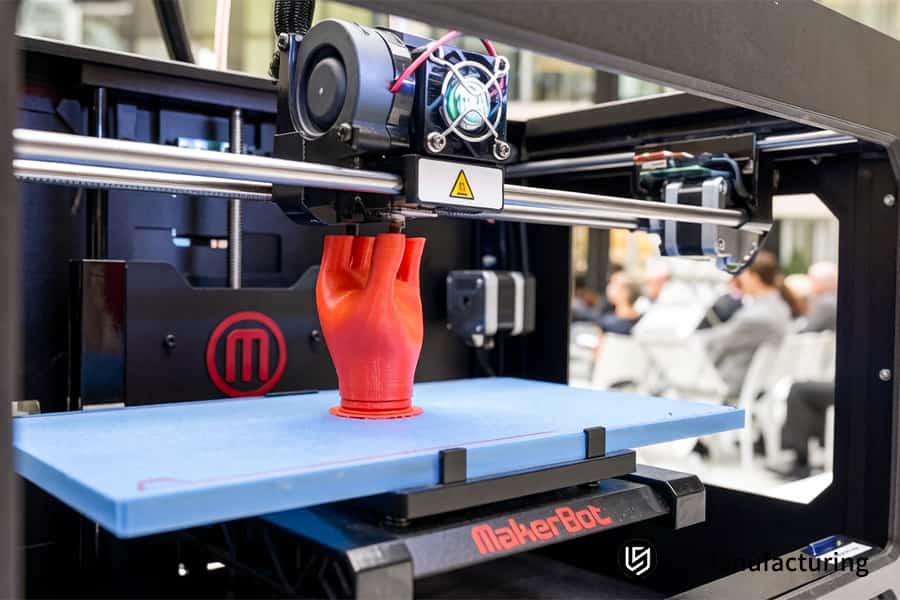 MakerBot 3D 打印在蓝色平台上展示红手原型。
