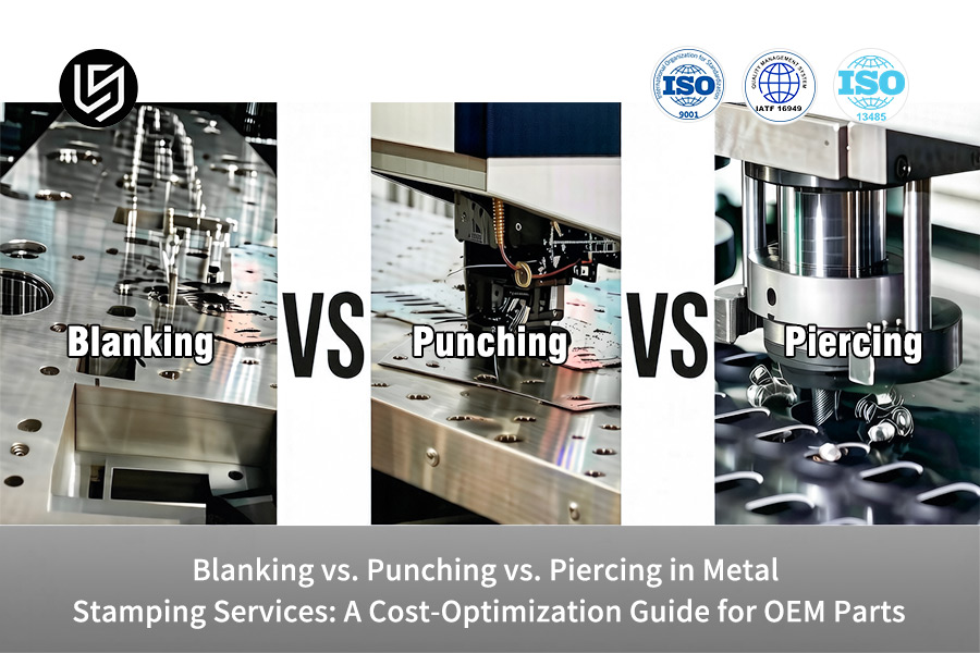Press performs blanking on steel sheet producing automotive bracket blanks rapidly.
