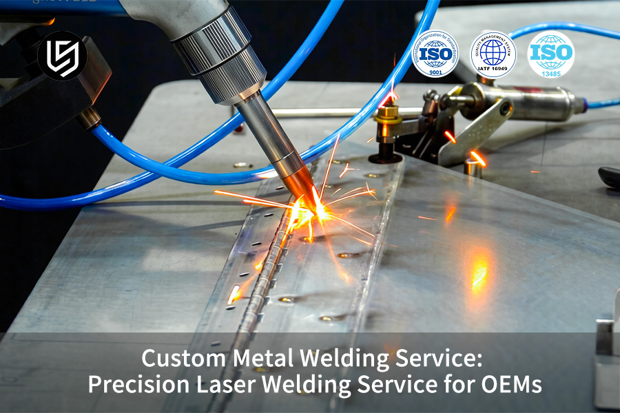 A custom metal welding service produces bright sparks on aluminum for automotive component manufacturing.