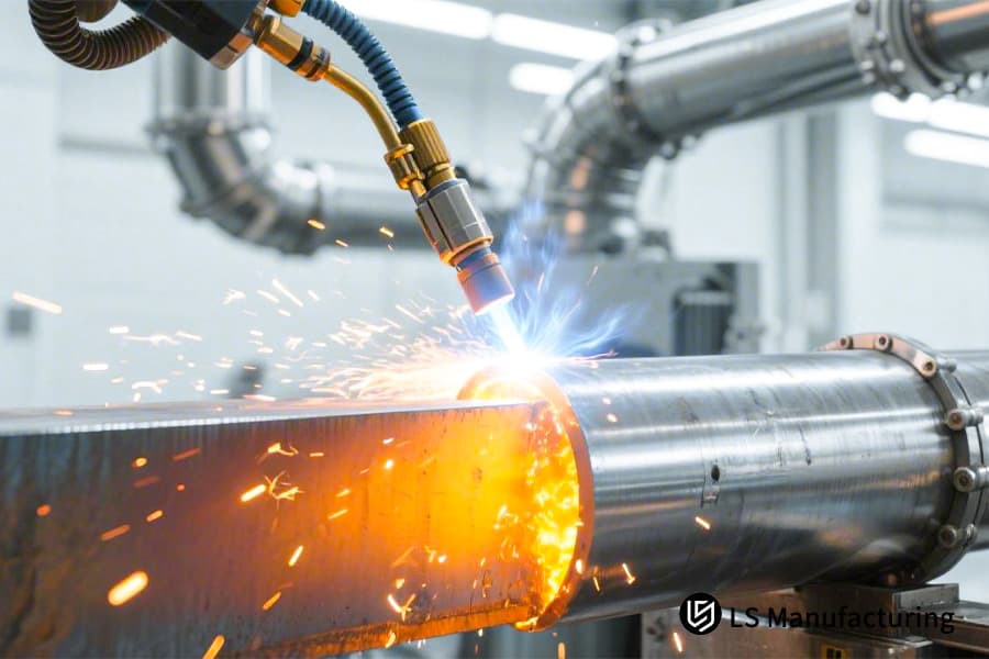 Um soldador une tubos de aço inoxidável com uma tocha TIG para tubulações de processos industriais ou sistemas coletores.