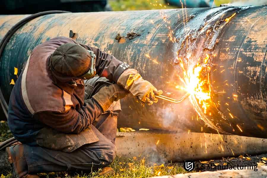 Giunzione di un tubo in acciaio ad alta resistenza per impianti fluidi industriali con cannello manuale a gas.