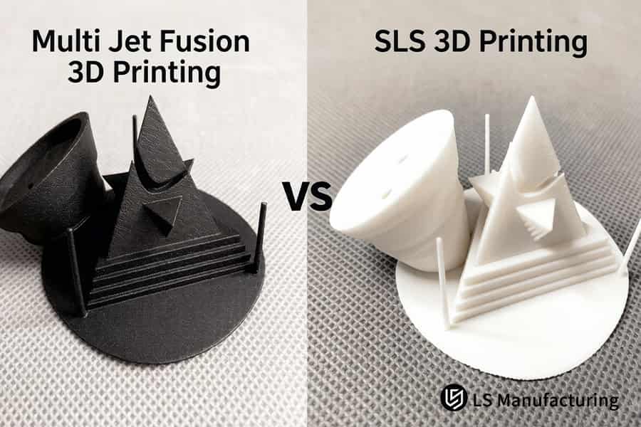 MJF construit des pièces de test géométriques noires tandis que SLS forme des composants de poignée ergonomiques blancs pour l'analyse de la résistance.