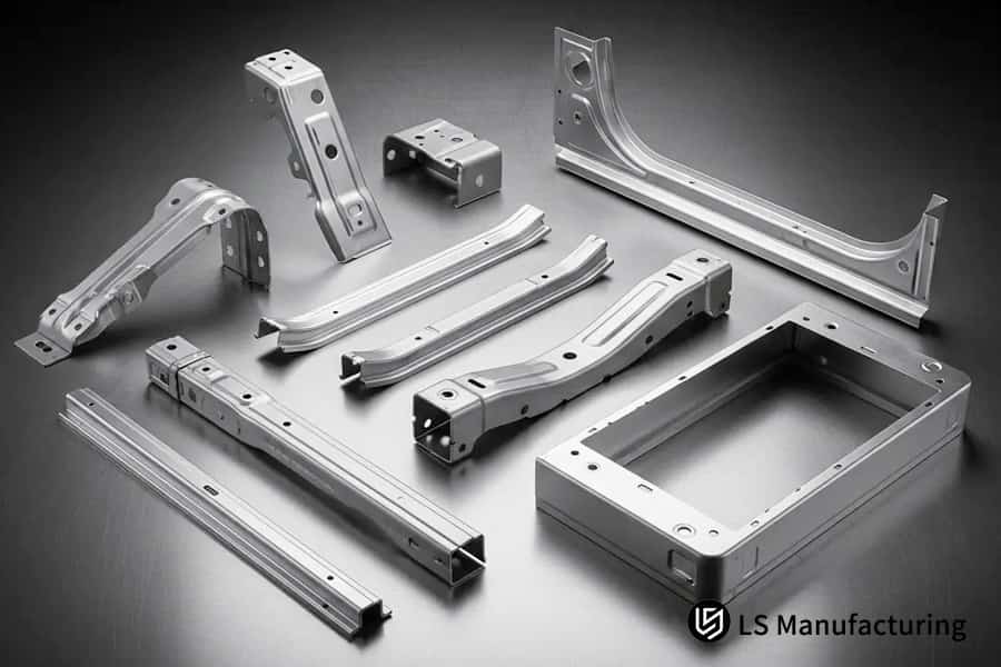 An array of complex automotive metal parts.