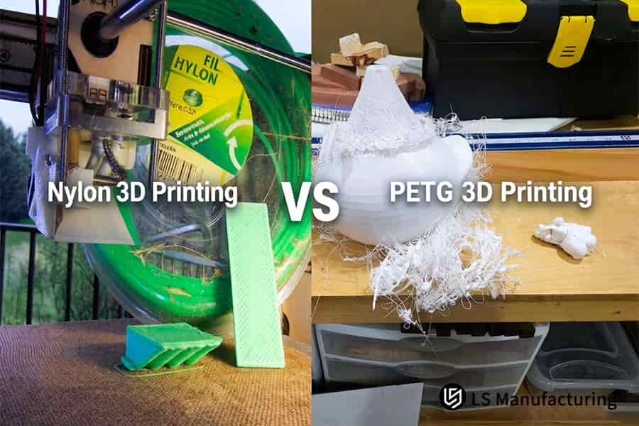 Nylon vs PETG 3D printing evaluates print quality on workshop benches with test pieces.