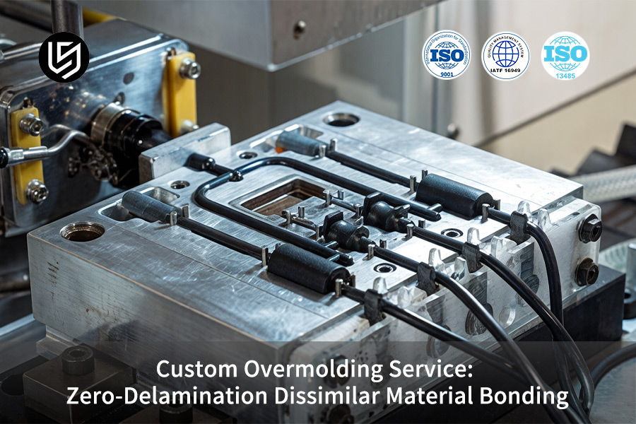 A custom overmolding service displays a precision aluminum mold assembly certified to ISO 9001 and 13485.