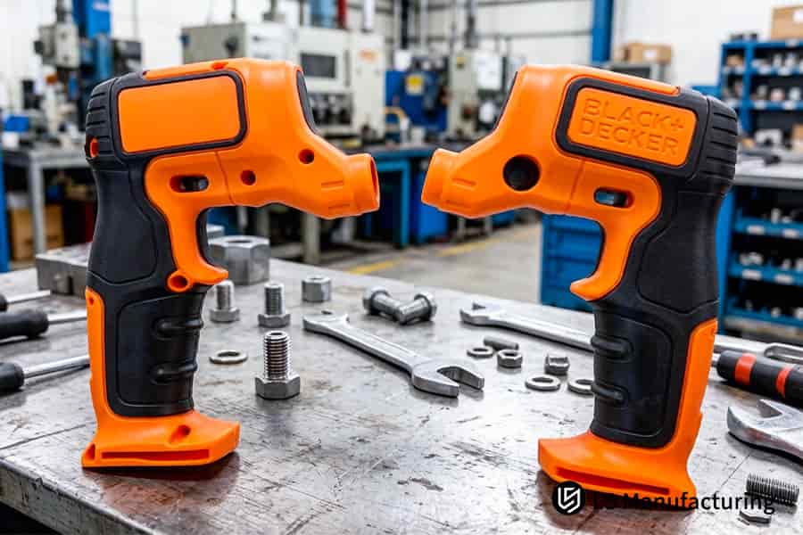 Orange and black tool parts rest on a workbench, representing complex overmolding applications for handheld equipment.