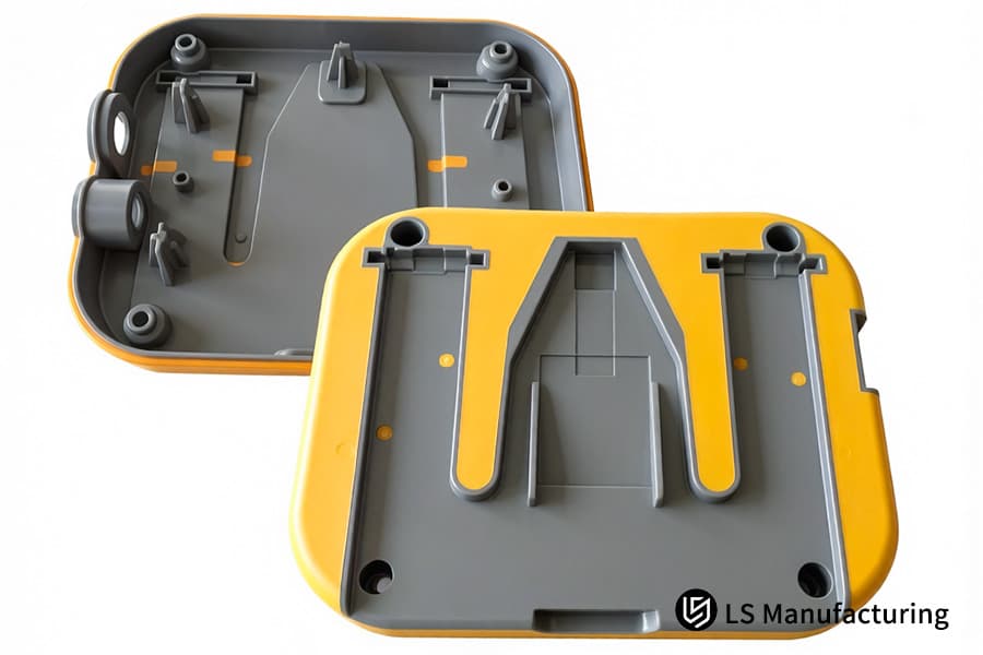 Nel laboratorio di produzione LS sono posizionati due coperchi per dispositivi in ABS sovrastampato, di colore giallo e grigio, pronti per l'ispezione.
