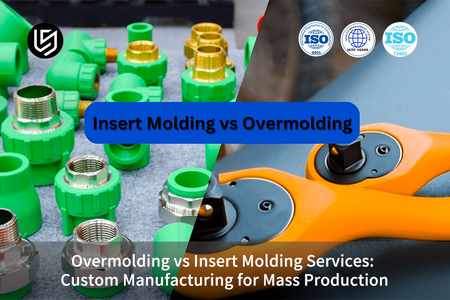 Overmolding vs insert molding services contrasts green pipe fittings with an orange overmolded tool.