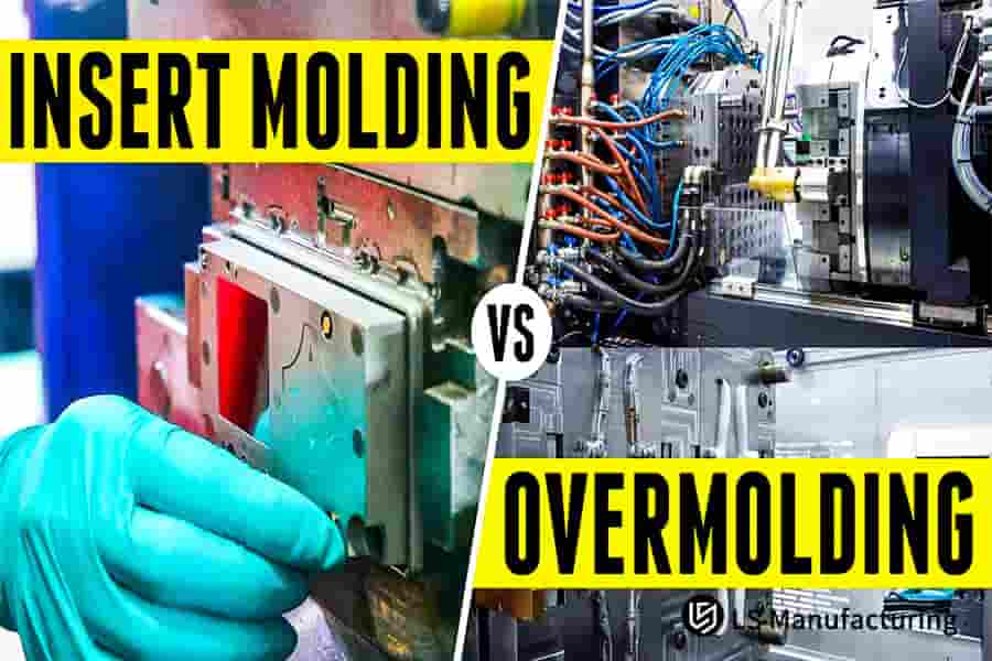 The image contrasts a manual insert molding setup with automated overmolding machinery for equipment.