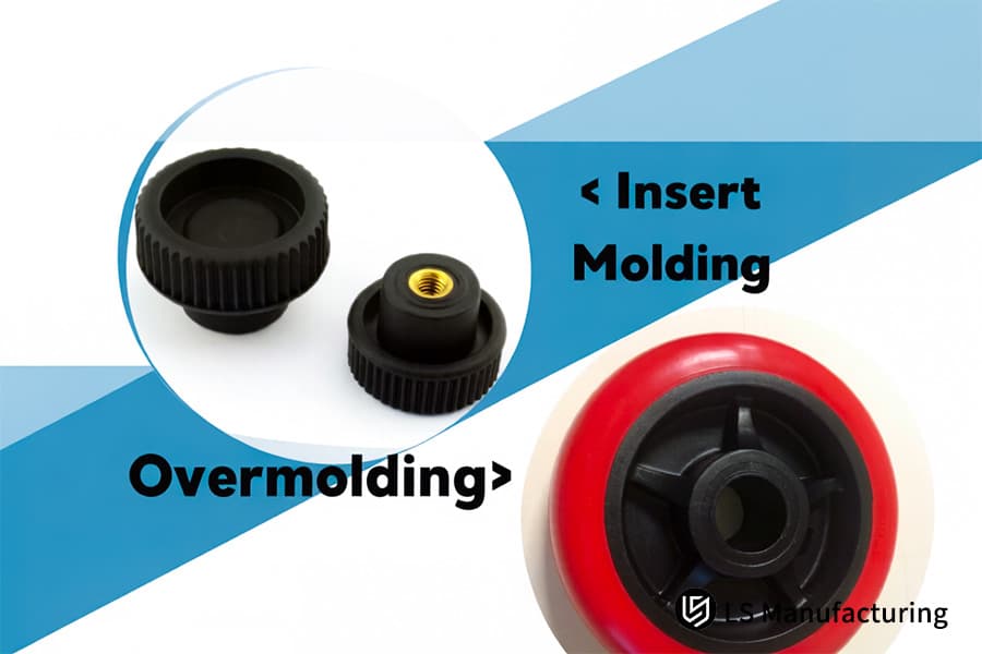 The graphic contrasts black insert molded gears with a red and black overmolded knob for assemblies.
