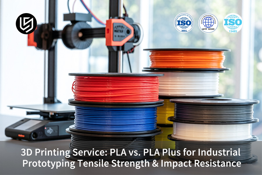 PLA 3D printing service evaluates multiple filament rolls for industrial prototype material selection.