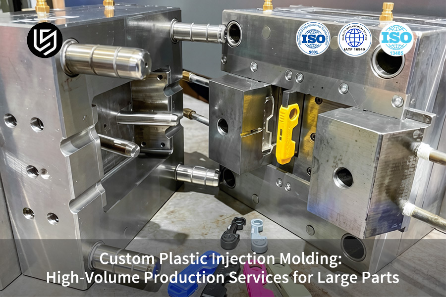 Custom plastic injection molding services produce a yellow automotive housing from an open steel mold.