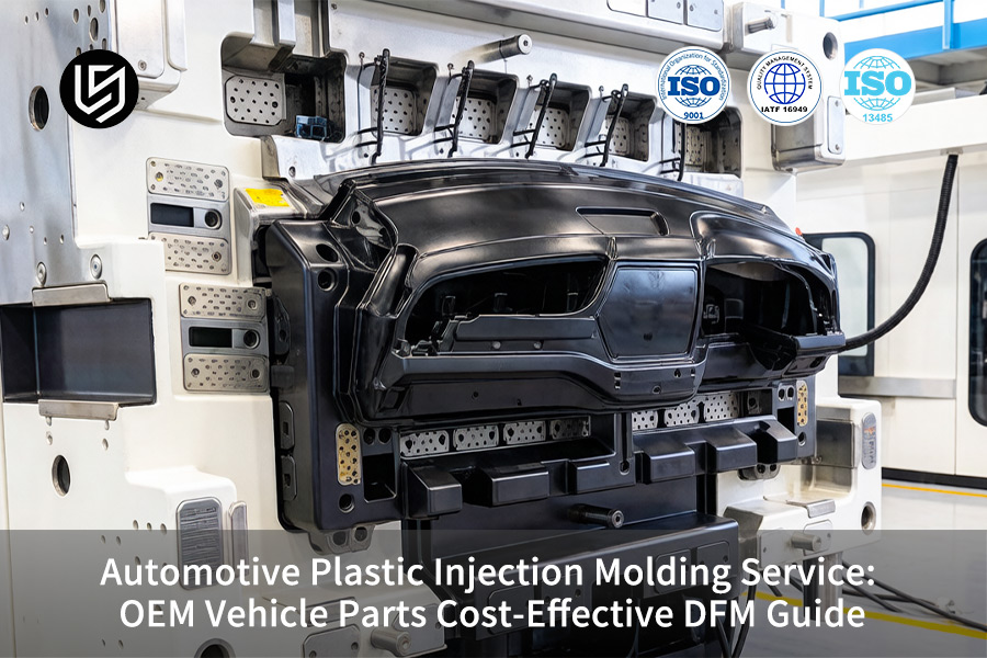 A precision injection molding machine injects molten ABS plastic to form a black automotive interior component.
